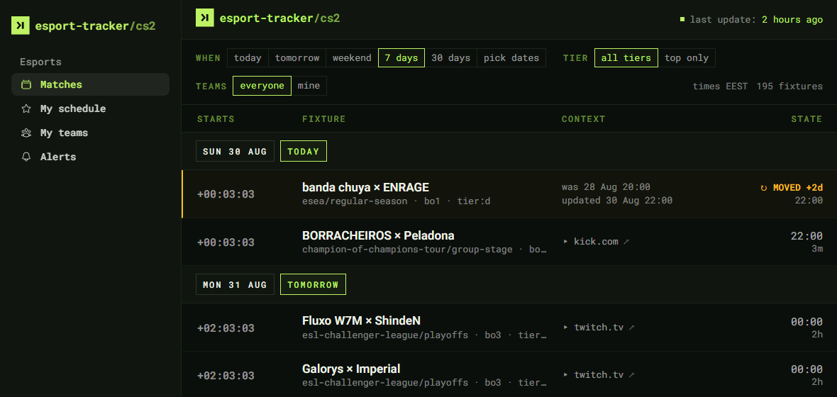 The board: filters, a day of fixtures, and a match marked as moved